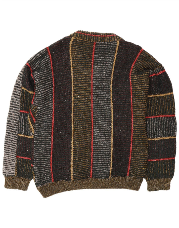 Męski sweter w stylu vintage z dekoltem w szpic, duży, wielobarwny, wełniany w paski