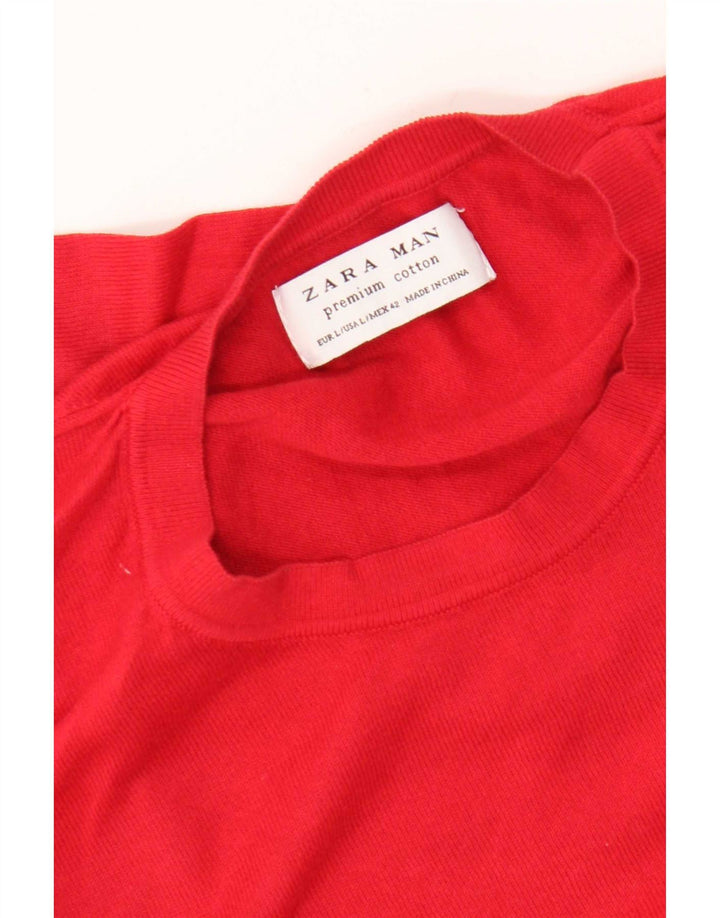 Zara Męski sweter z okrągłym dekoltem, duży, czerwony, bawełniany