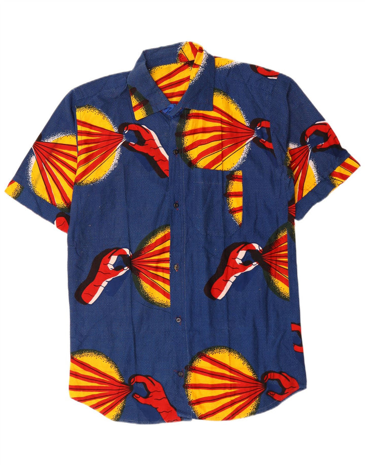 Koszula męska z krótkim rękawem w stylu vintage, abstrakcyjny wzór, kolor średni niebieski
