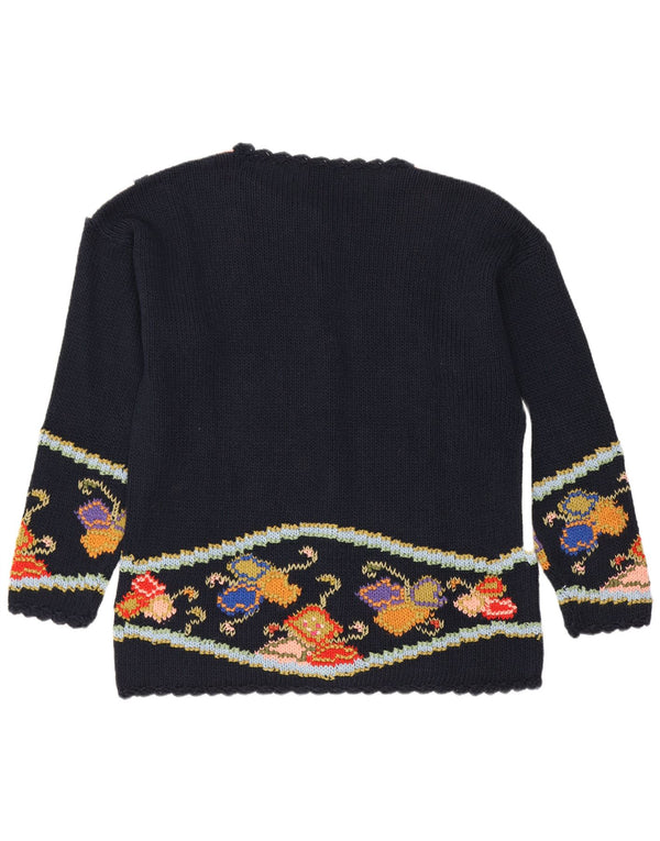 Sweter damski w stylu vintage, UK 14, średni granatowy, kwiatowy, bawełniany