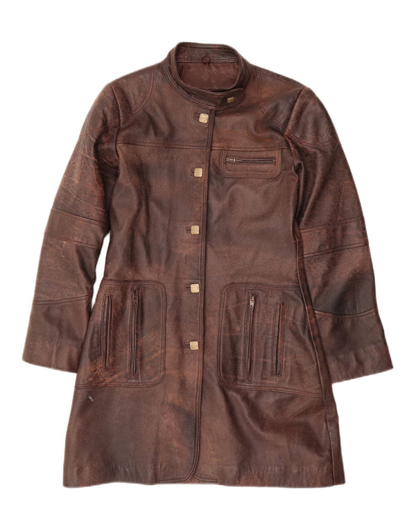 Vintage damski płaszcz skórzany UK 14 ze średniej brązowej skóry