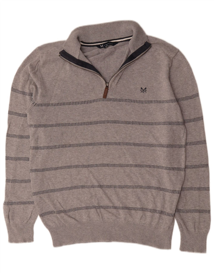 Crew Clothing Męski sweter z zamkiem błyskawicznym, średnioszary, bawełniany w paski