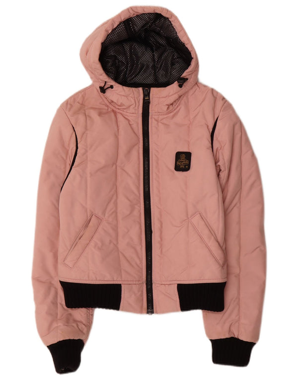 Refrigiwear Womens Crop Hooded Bomber Jacket UK 12 Medium Pink Nylon