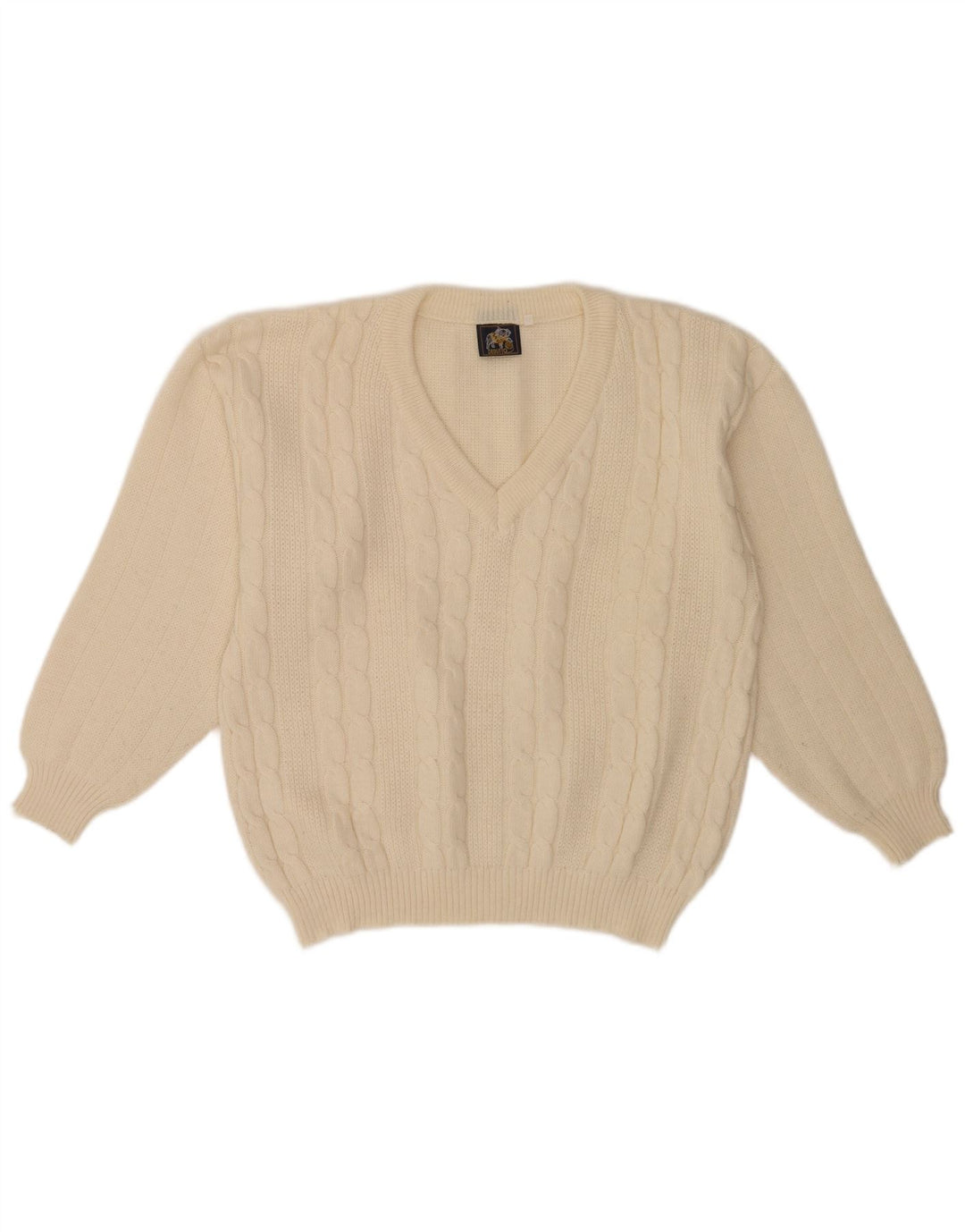 Męski sweter w stylu vintage o regularnym kroju, z dekoltem w szpic, średni, w kolorze złamanej bieli, klasyczny