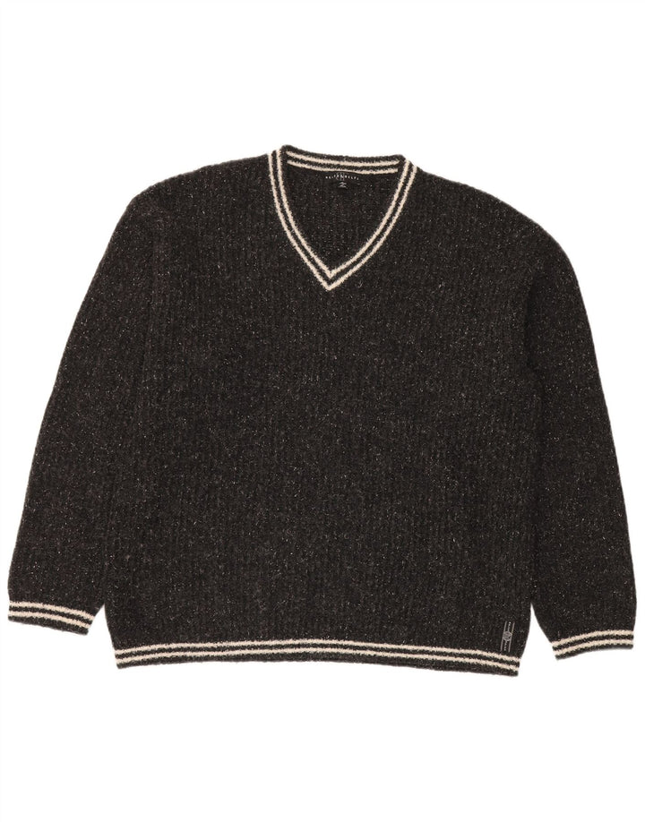 Męski sweter z dekoltem w serek Belfe & Belfe, duży, szary, wełniany w cętki