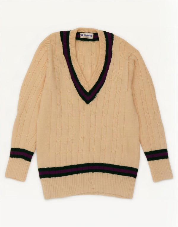 Vintage męski sweter z dekoltem w kształcie litery V, mały beżowy blok kolorów