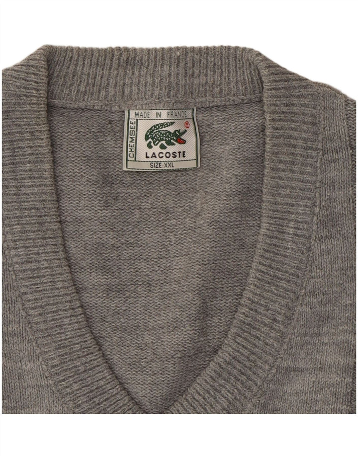 LACOSTE Mens V-Neck Jumper Sweater 2XL Grey Cotton