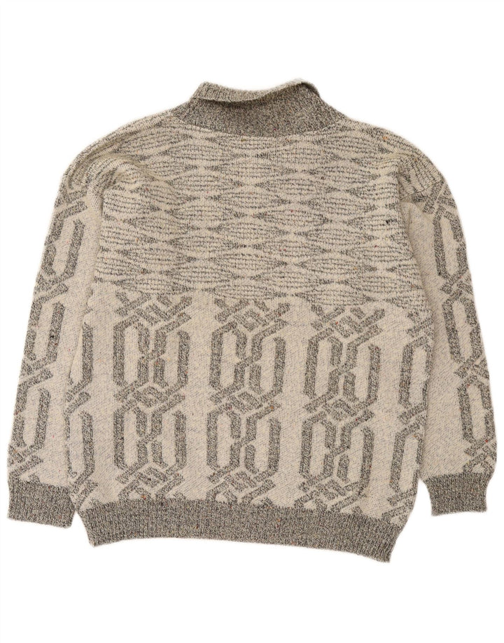 Vintage męski sweter z szalowym dekoltem, mały szary geometryczny akryl