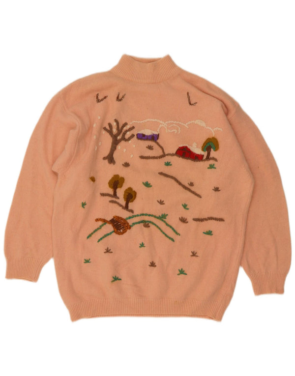 Vintage damski sweter z golfem z grafiką UK 16, duży, różowy, kwiatowy