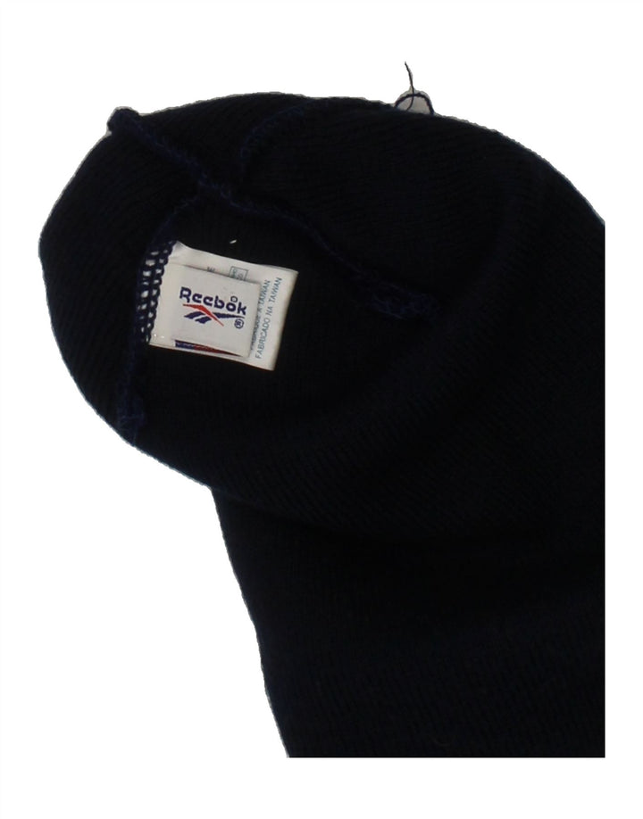 REEBOK Mens Graphic Beanie Cap One Size Navy Blue Acrylic Vintage Reebok and Second-Hand Reebok from Messina Hembry 