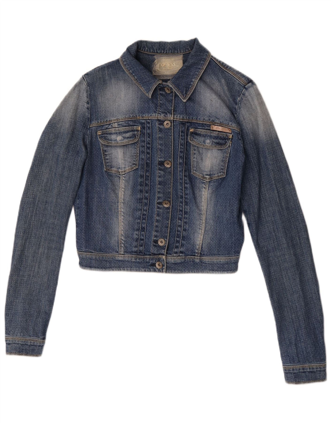 Damska kurtka jeansowa Guess Crop UK 6 XS, niebieska, bawełniana