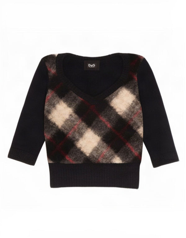Dolce & Gabbana Damski sweter z dekoltem w kształcie litery V, UK 14, duża czarna krata