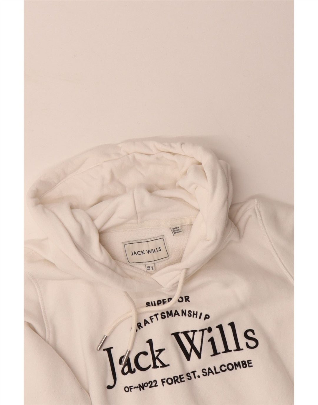 JACK WILLS Damski sweter z kapturem, oversize, z grafiką, UK 10, mały, biały, bawełniany