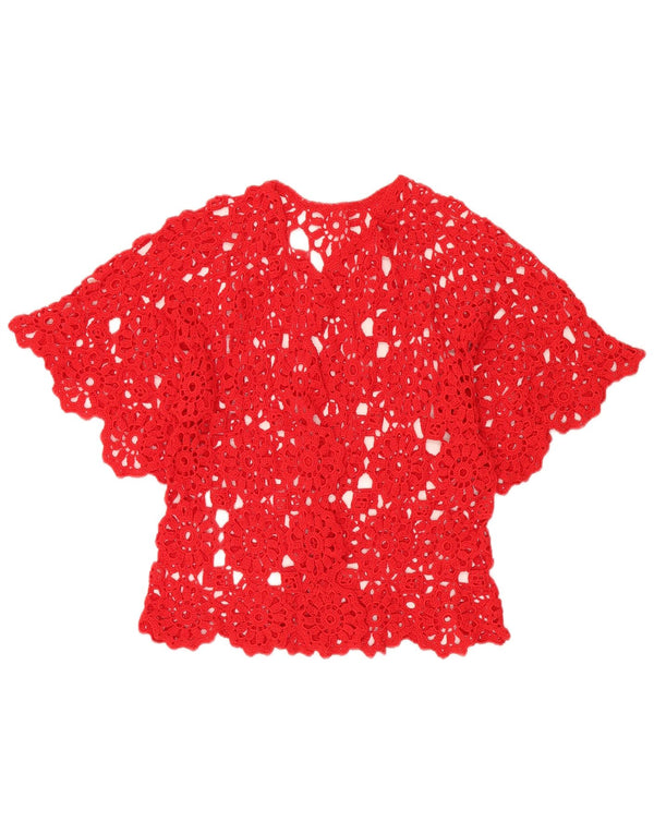 Damski szydełkowy kardigan z krótkim rękawem w stylu vintage, UK 12, średni, czerwony, kwiatowy