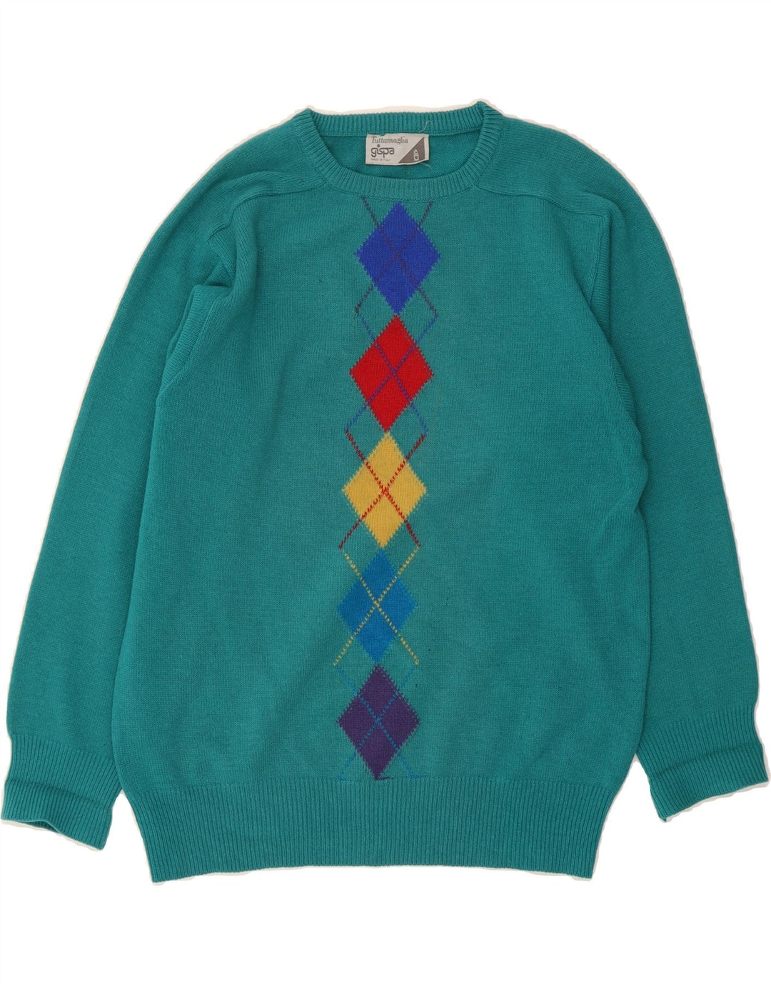 GISPA Mens Crew Neck Jumper Sweater Medium Turquoise Argyle/Diamond Vintage Gispa and Second-Hand Gispa from Messina Hembry 
