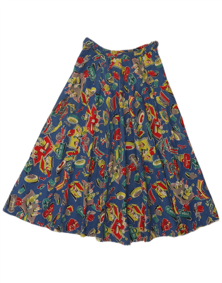 Vintage damska plisowana spódnica rozkloszowana w abstrakcyjny wzór W24 XS niebieska