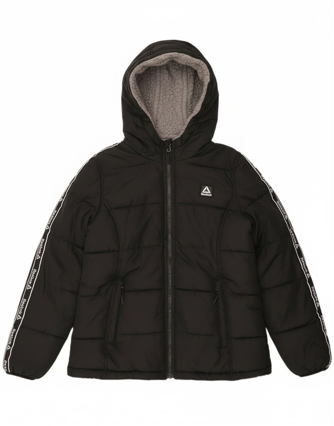 Damska wyściełana kurtka z kapturem i grafiką Reebok UK 10, mała czarna