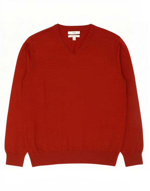 Marks & Spencer Męski sweter z dekoltem w kształcie litery V, XL, czerwony, bawełniany