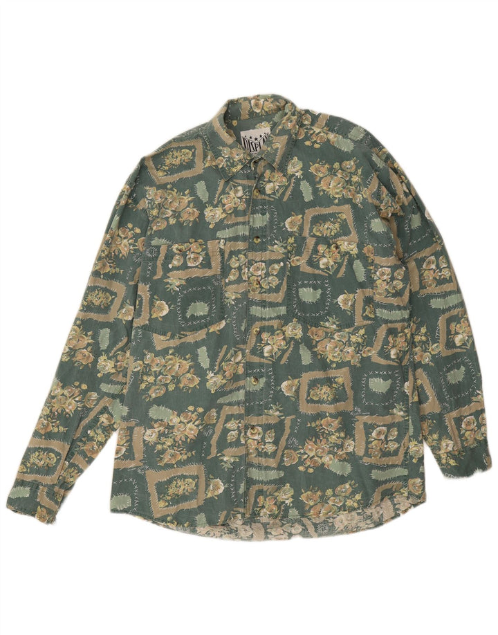 Koszula męska w stylu vintage, średnia, zielona, bawełniana w kwiaty
