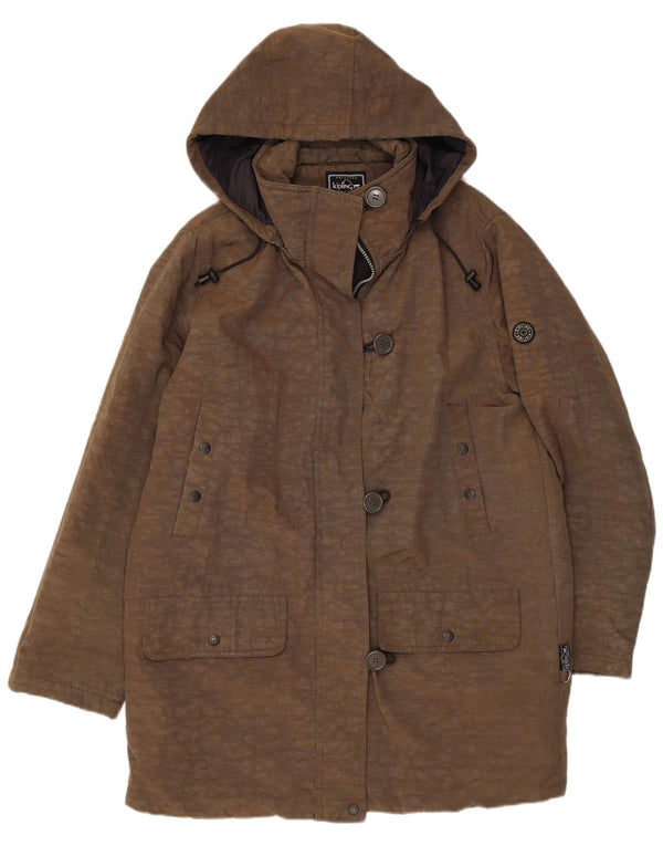 Damski płaszcz z kapturem Kipling UK 16, duży nylonowy nadruk zwierzęcy w kolorze khaki