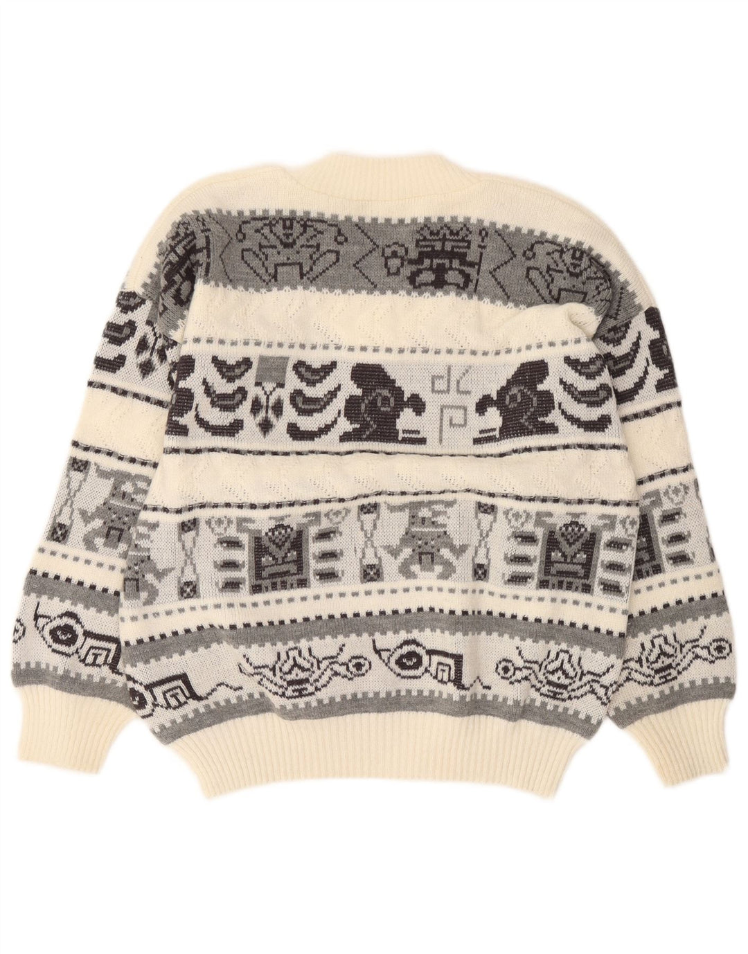 Vintage męski sweter z dekoltem w kształcie litery V, duży, w kolorze złamanej bieli, geometryczny