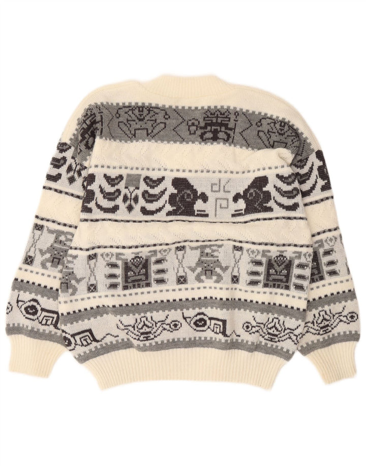 Vintage męski sweter z dekoltem w kształcie litery V, duży, w kolorze złamanej bieli, geometryczny