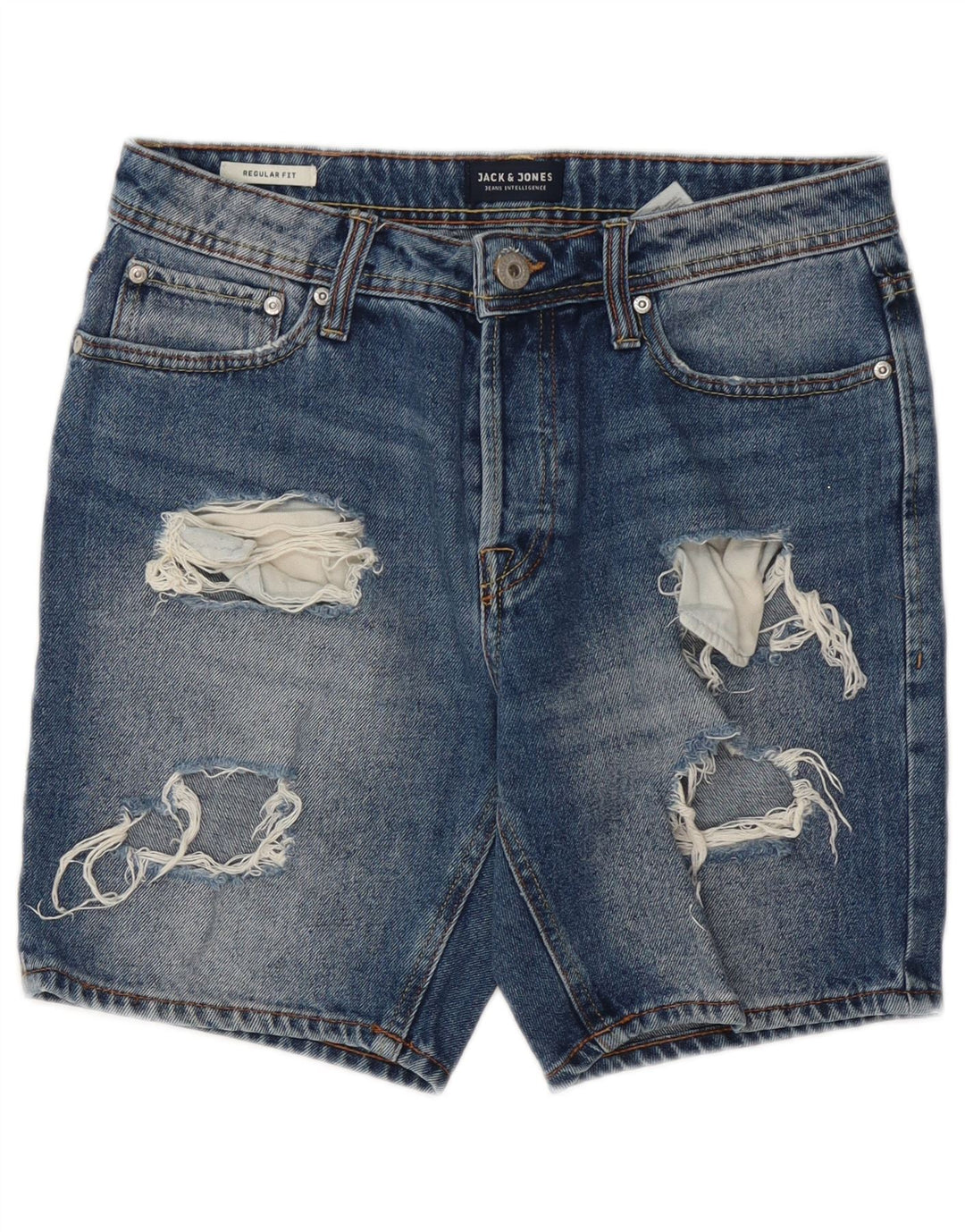 Męskie spodenki jeansowe Jack & Jones w trudnej sytuacji o regularnym kroju, małe W28, niebieskie, bawełniane