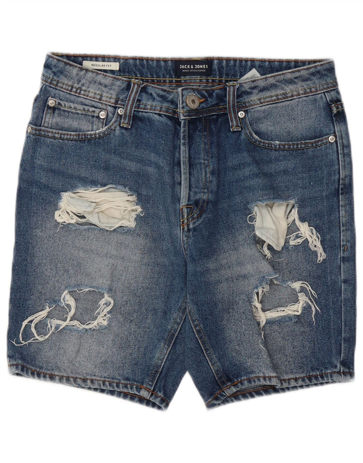 Męskie spodenki jeansowe Jack & Jones w trudnej sytuacji o regularnym kroju, małe W28, niebieskie, bawełniane