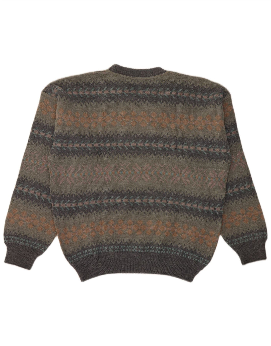 Vintage męski sweter z okrągłym dekoltem, duży, szary, wełniany Fair Isle