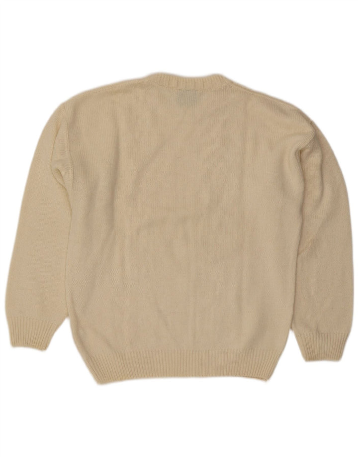 Vintage męski sweter z wycięciem pod szyją, duży, złamanej bieli Argyle/diamentowa wełna