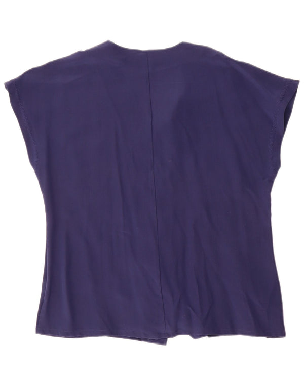 Vintage Womens loose Short Sleeve Shirt Blouse UK 10 Small Navy Blue Silk