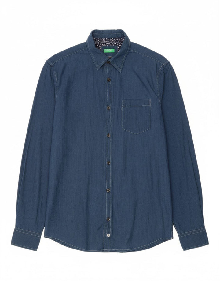 BENETTON Mens Shirt Large Navy Blue Pinstripe Cotton