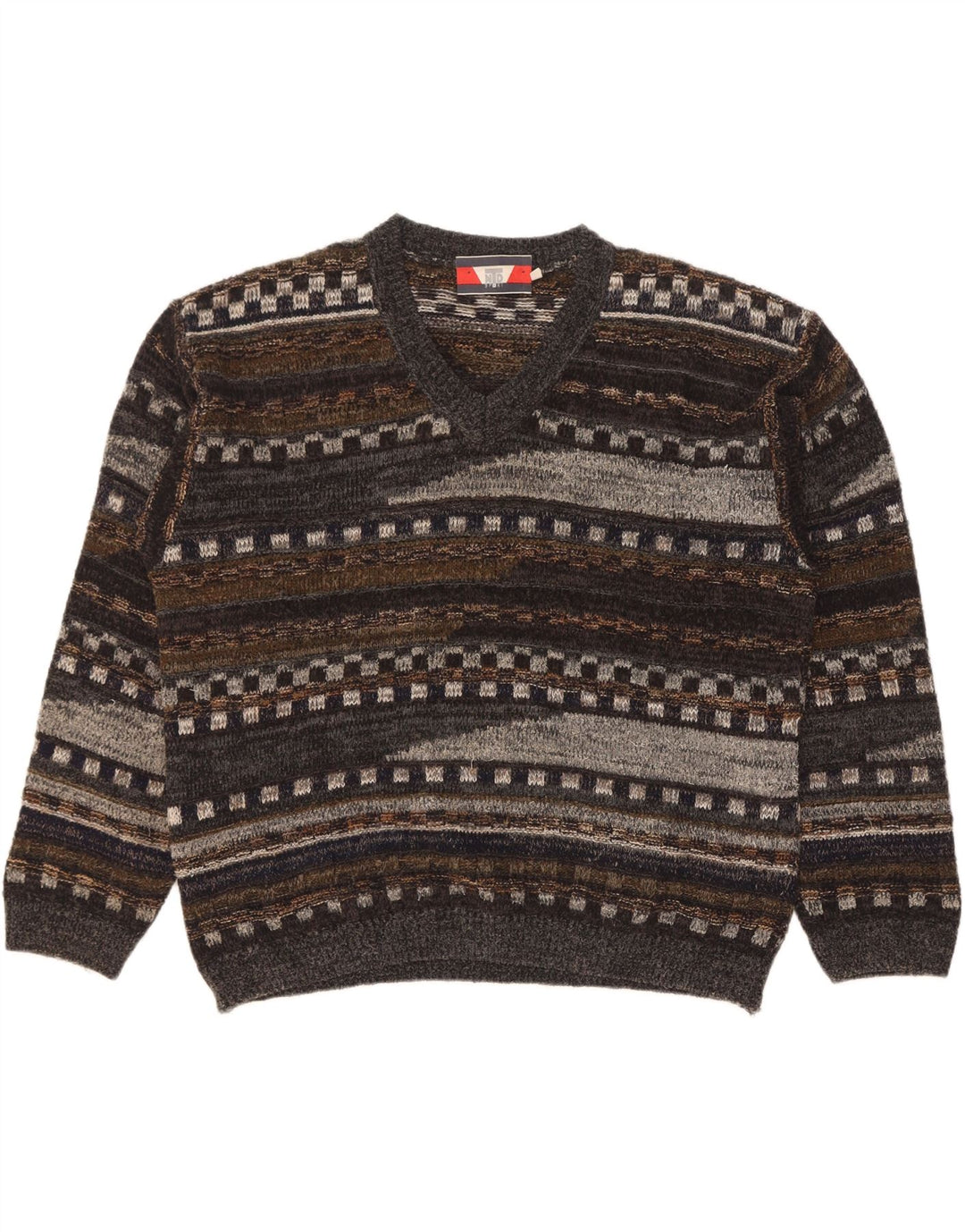 Męski sweter w stylu vintage z dekoltem w szpic, duży, szary, geometryczny, wełniany