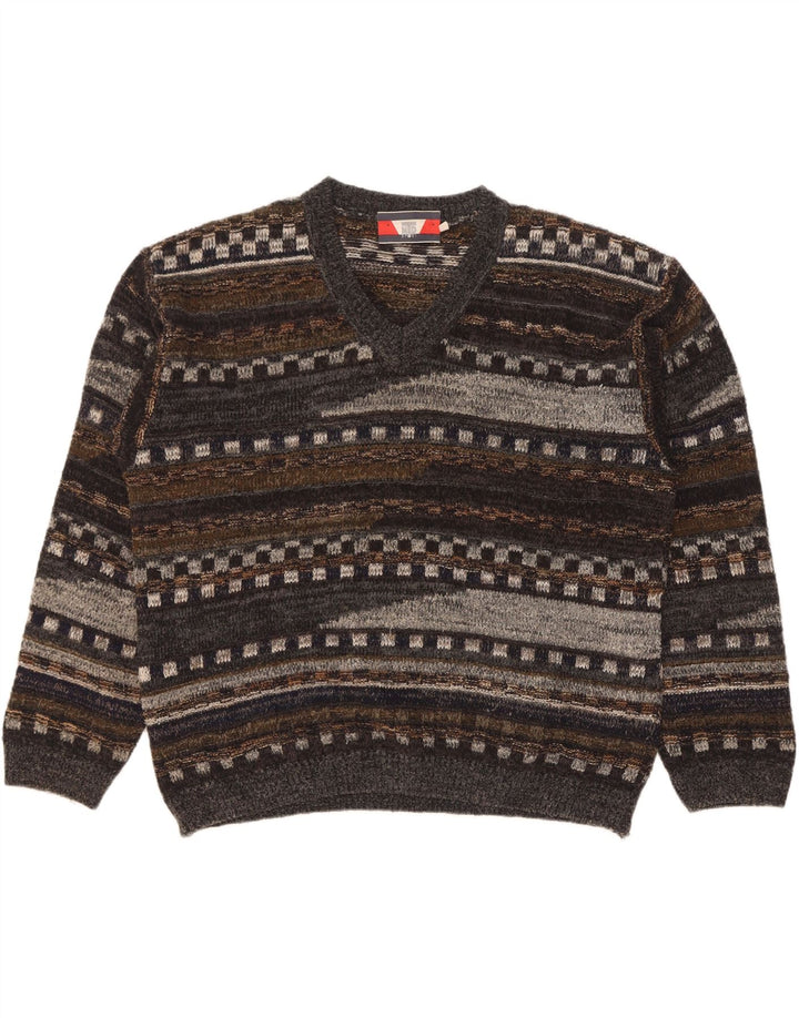 Męski sweter w stylu vintage z dekoltem w szpic, duży, szary, geometryczny, wełniany