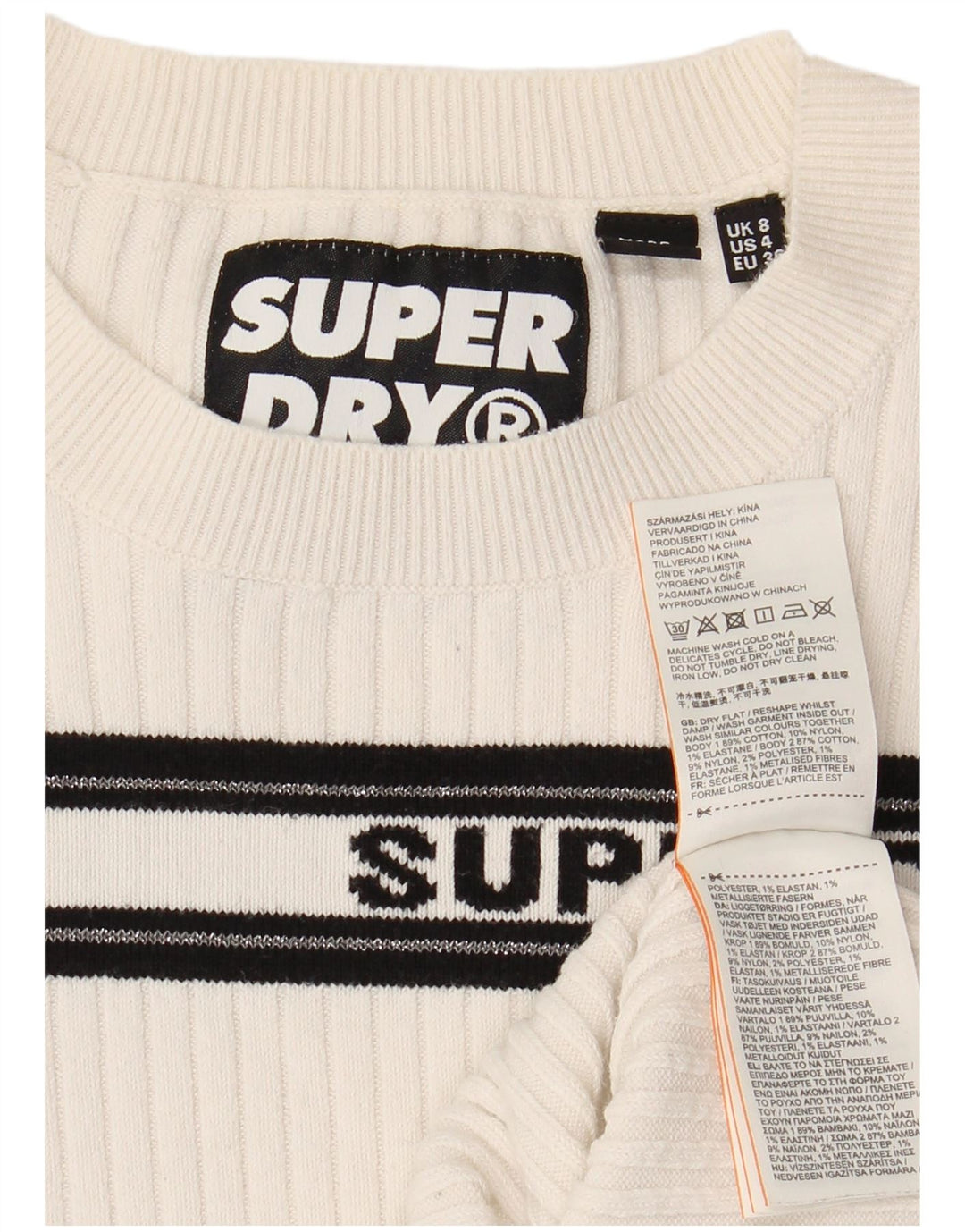 SUPERDRY Damski sweter z graficznym wycięciem pod szyją UK 8 w małe białe paski