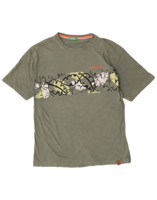 Chłopięcy T-shirt z grafiką Benetton, 13-14 lat, 3XL, bawełna khaki
