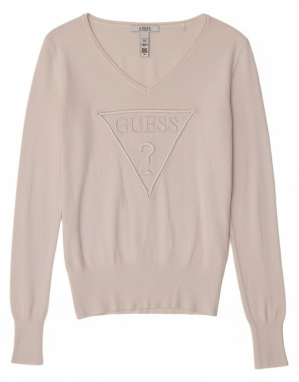 Damski sweter Guess z grafiką i dekoltem w kształcie litery V, UK 4 XS, biały klasyk