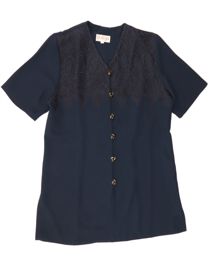 VINTAGE Womens Short Sleeve Shirt Blouse UK 14 Large Navy Blue Polyester Vintage Vintage and Second-Hand Vintage from Messina Hembry 