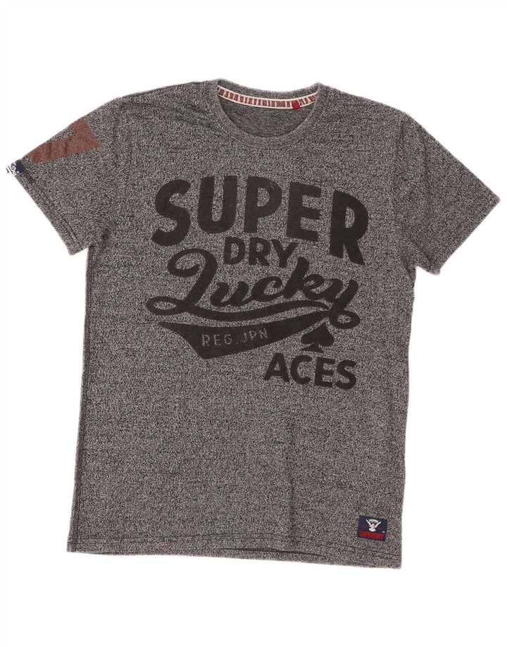 Męski T-shirt z grafiką Superdry, mały, szary, bawełniany w plamki