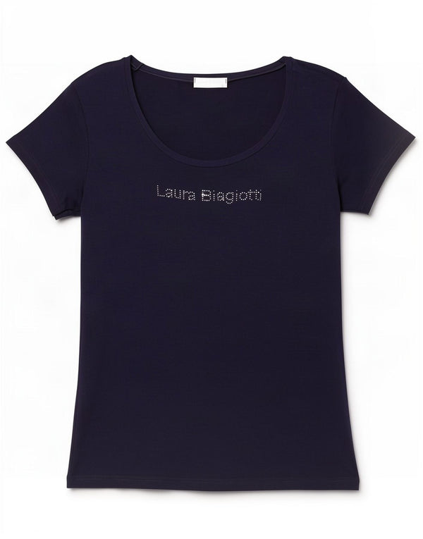 Laura Biagiotti Womens Graphic T-Shirt Top IT 46 Large Navy Blue Viscose