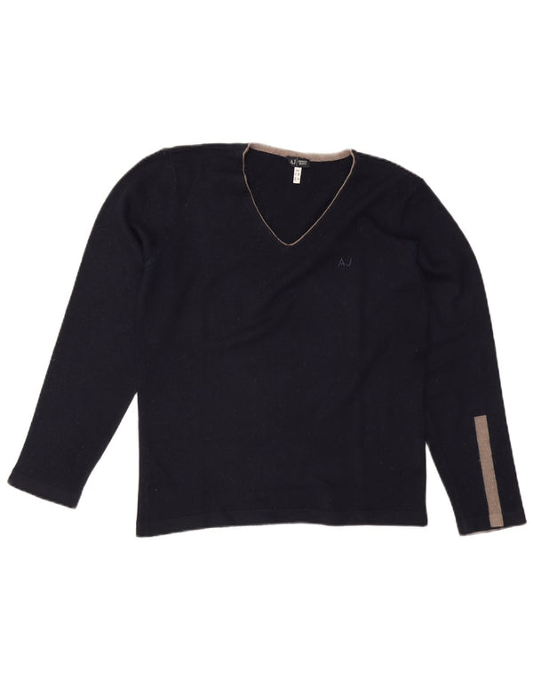 Armani Jeans Męski sweter z dekoltem w kształcie litery V, średni granatowy, wełniany blok kolorów