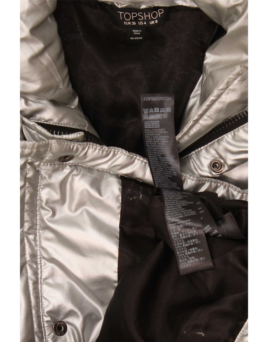 Damska kurtka oversize Topshop UK 8 Small, srebrna, polietylen