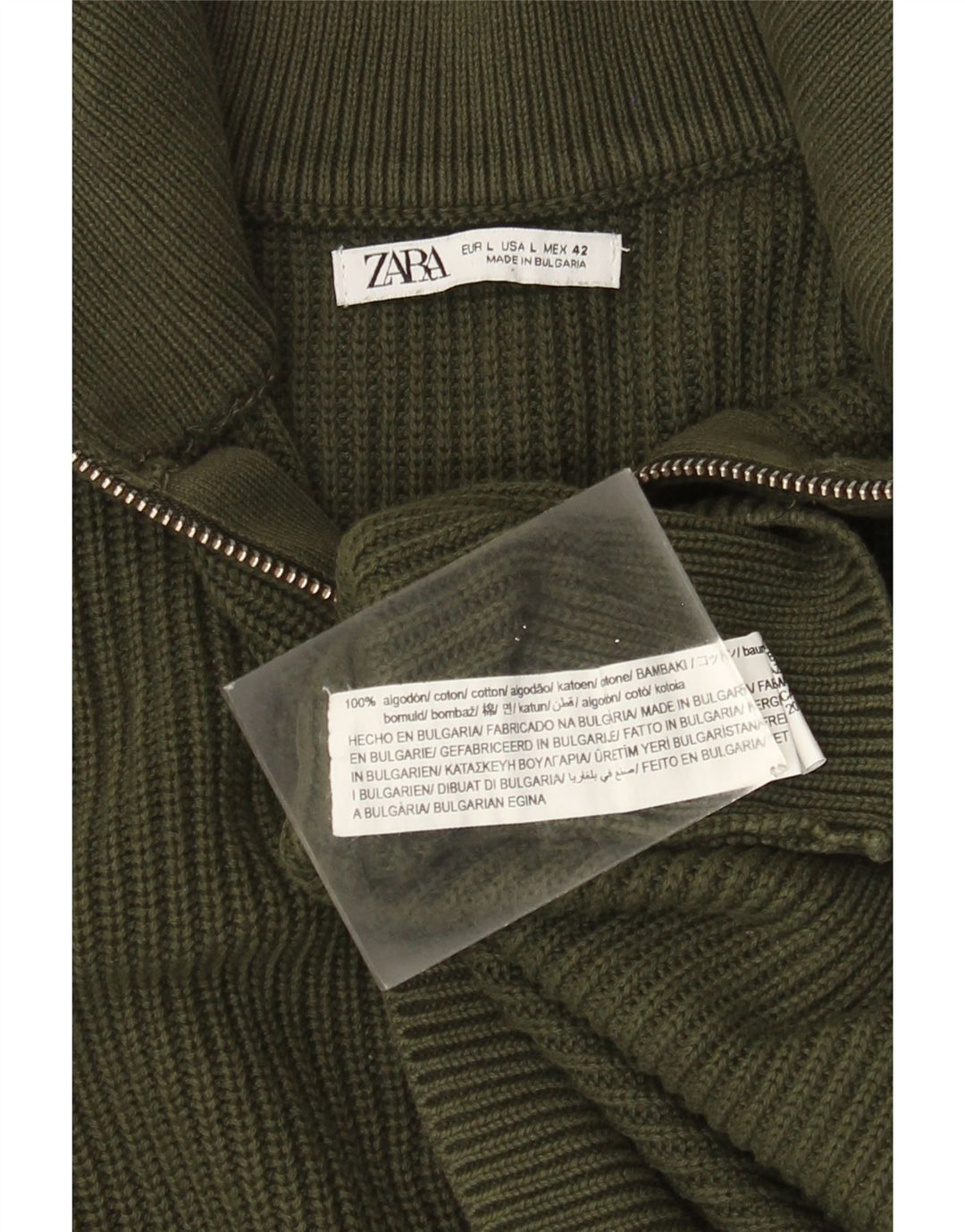 Męski sweter ZARA z zamkiem błyskawicznym, duży, zielony, bawełniany