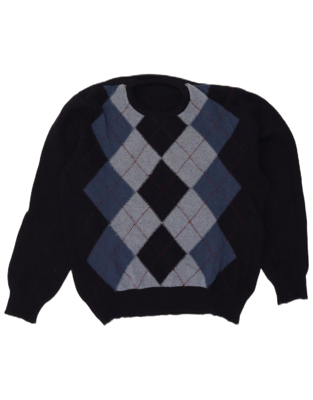 Vintage męski sweter z okrągłym dekoltem, duży granatowy Argyle/diament