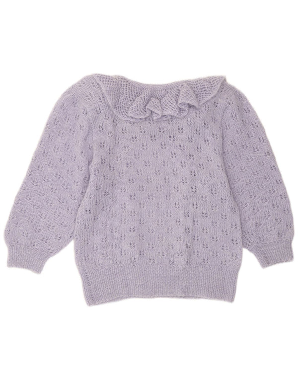 Sweter damski w stylu vintage, z falbaną i dekoltem w łódkę, UK 12, średni fiolet