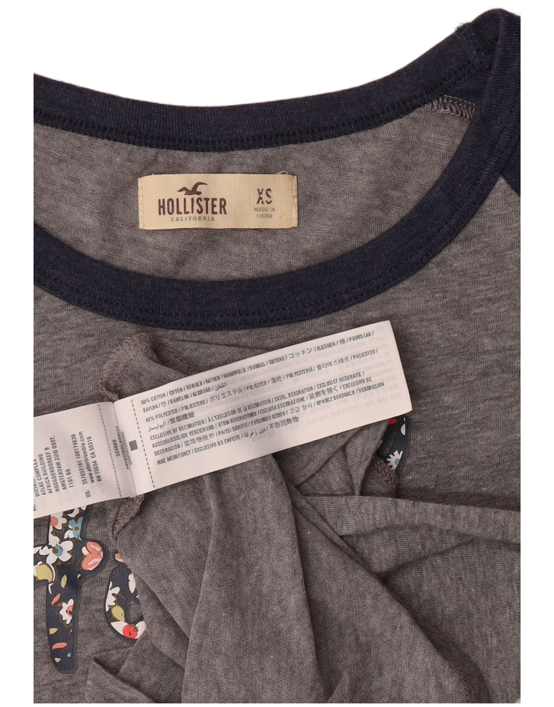 Damska koszulka z grafiką HOLLISTER Top UK 6 XS, szara, bawełniana w bloki kolorów