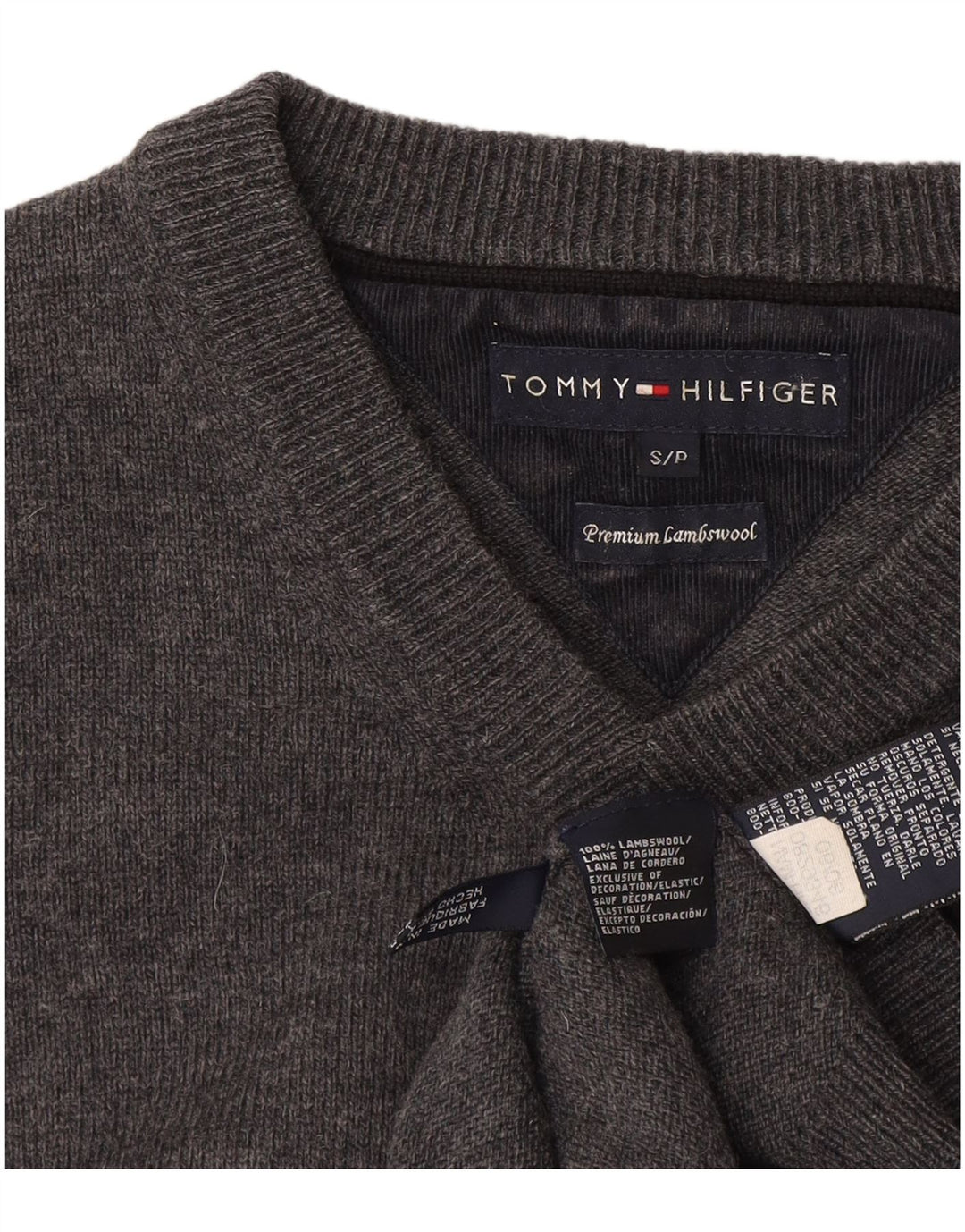 Męski sweter Tommy Hilfiger z dekoltem w kształcie litery V, mały, szary, z owczej wełny