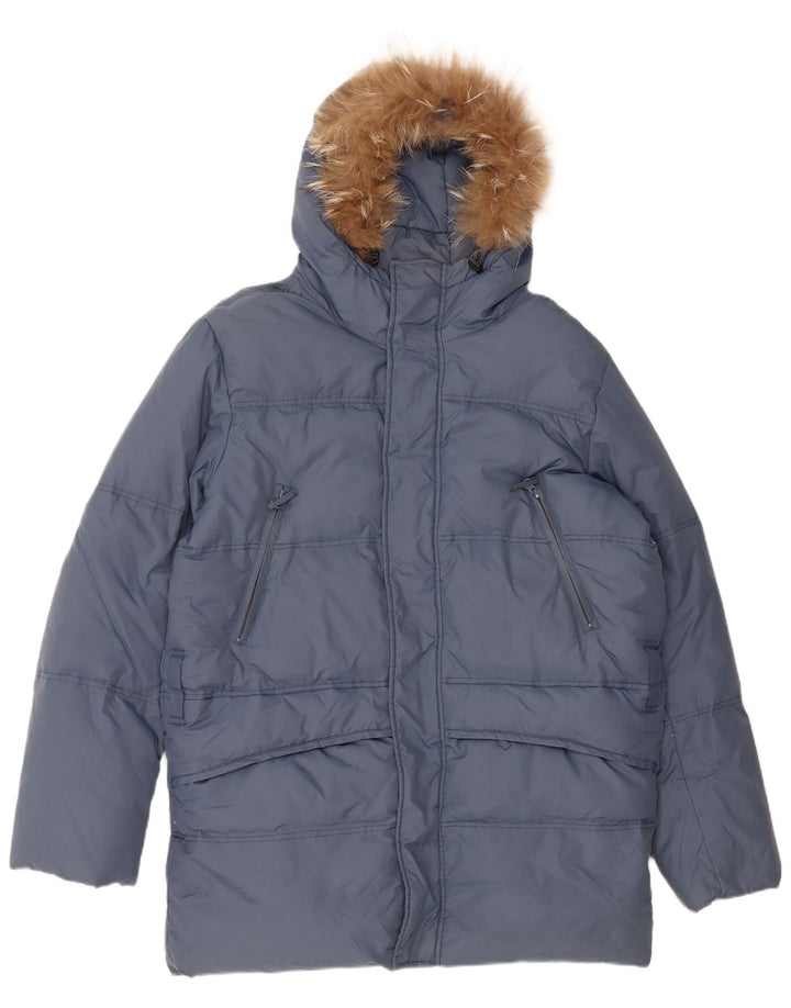 VINTAGE Męski, luźny, ocieplany płaszcz z kapturem UK 36, mały, niebieski nylon