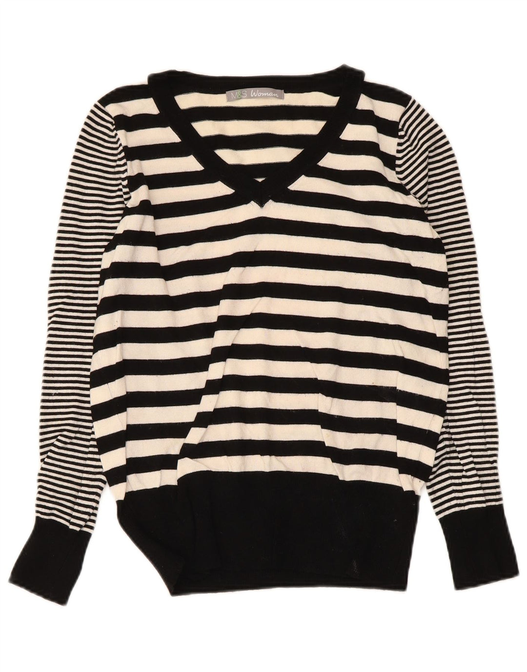 Marks & Spencer Damski sweter z dekoltem w kształcie litery V, UK 10, w małe czarne paski