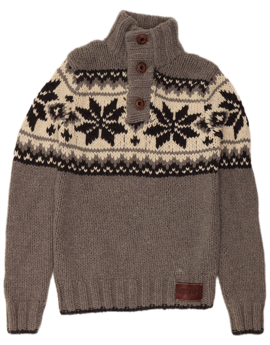 SUPERDRY Męski sweter zapinany na guziki, duży, szary, z wełny Fair Isle